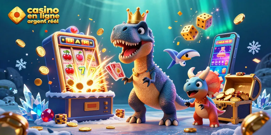 Jouez au casino en ligne argent réel avec un T-Rex et des amis dans une scène festive pleine de couleurs.