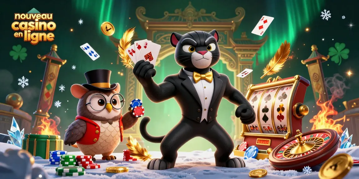 Illustration colorée d'un nouveau casino en ligne avec une panthère, un hibou et une souris autour de jeux de casino.