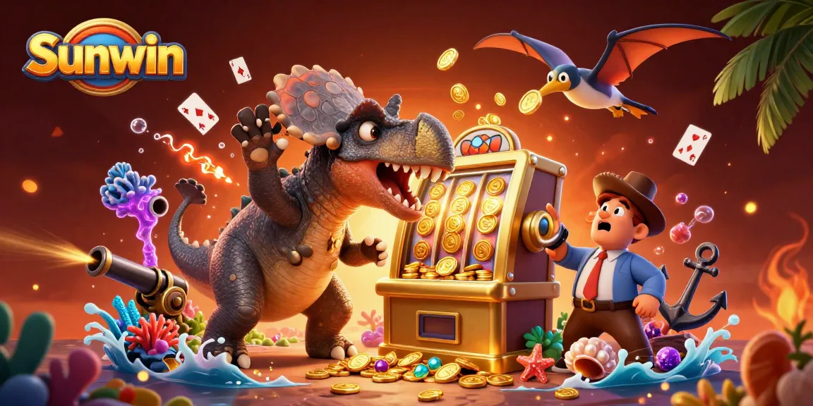 Sunwin's thrilling casino scene with a pachycephalosaurus winning jackpots while coins fly
