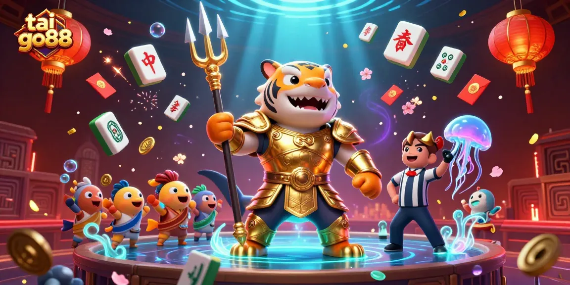 Experience the excitement of tai go88 with casino-themed elements featuring a tiger shark, colorful lanterns, and underwater effects.