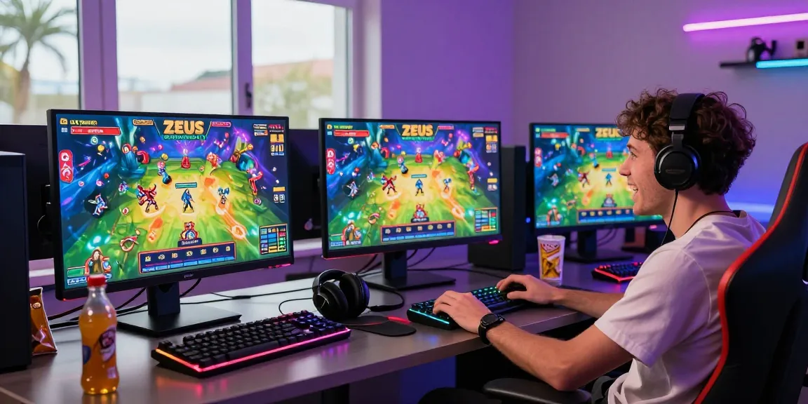 Experience the thrill of playing demo zeus slot in a vibrant gaming setup with colorful interface and high-energy atmosphere.