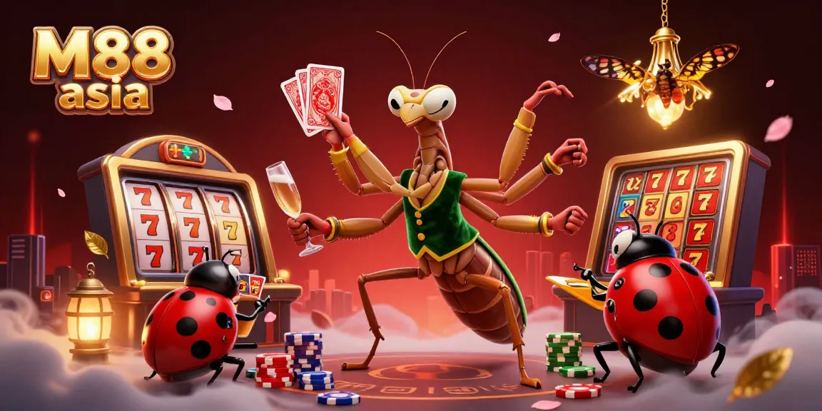 M88 asia offers immersive gaming experiences with vibrant 3D illustrations of casino elements like slot reels and lucky symbols.