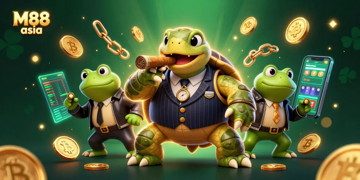 M88 asia showcases a lively casino scene with a snapping turtle in a mobster suit among slot machines and crypto elements.