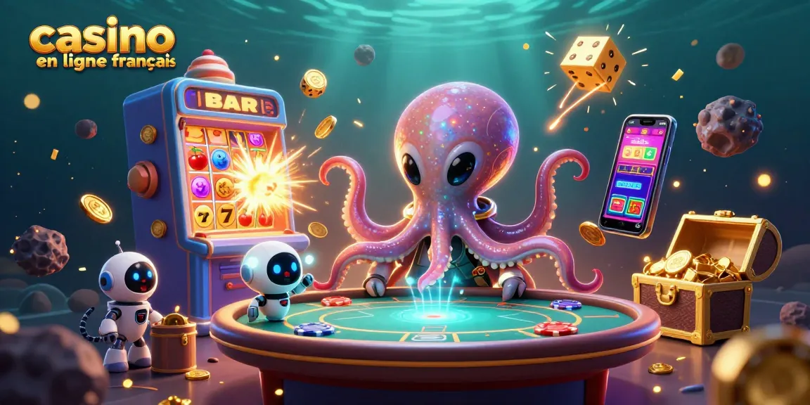 Le casino en ligne français met en scène un poulpe extraterrestre jouant aux cartes entouré de machines à sous scintillantes.