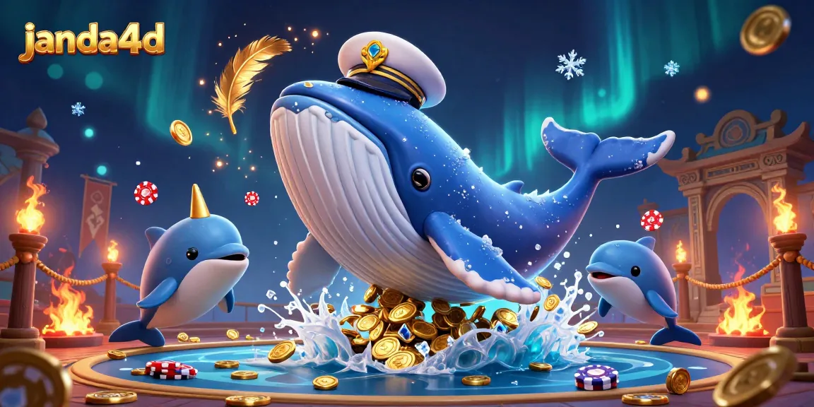 janda4d menghadirkan ilustrasi kasino dengan paus kartun dan chip poker yang memukau.