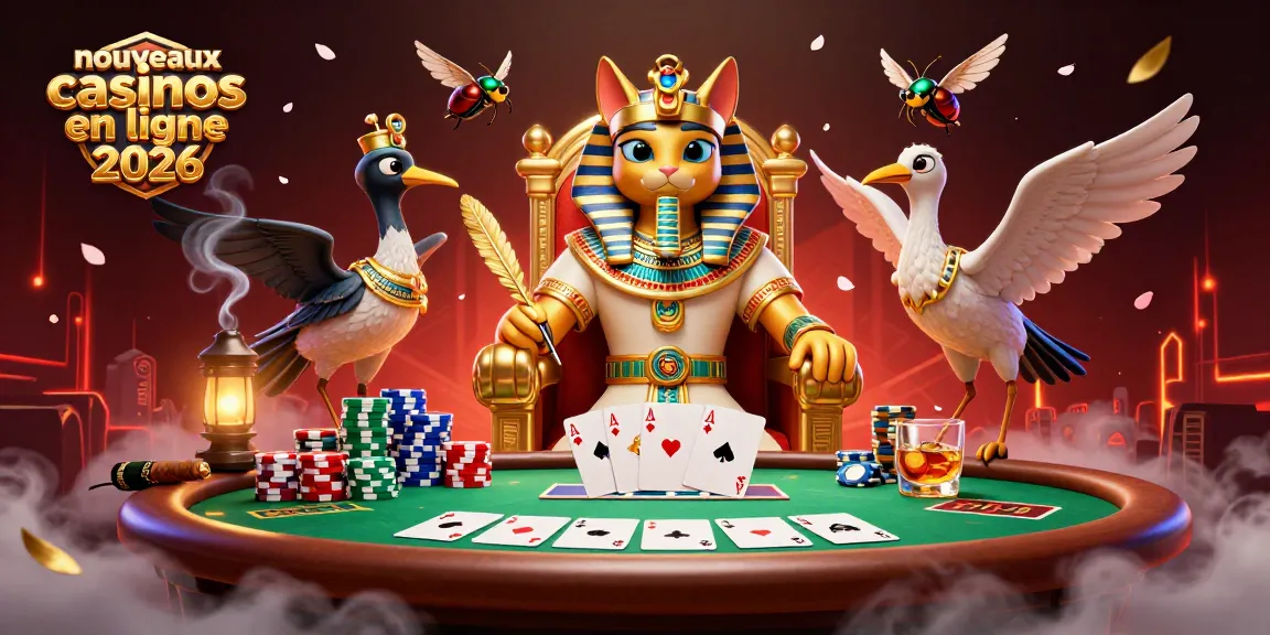 Illustration de nouveaux casinos en ligne 2026 avec un chat pharaon égyptien et des éléments de poker.