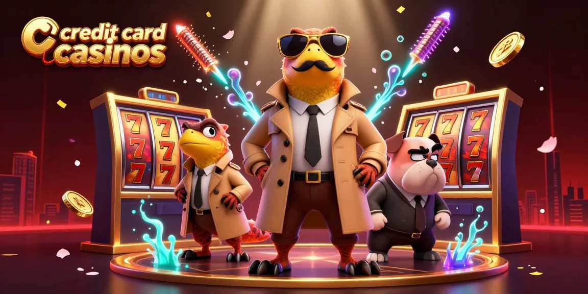 Play at credit card casinos with raptors and a bulldog bouncer in this vibrant 3D scene.