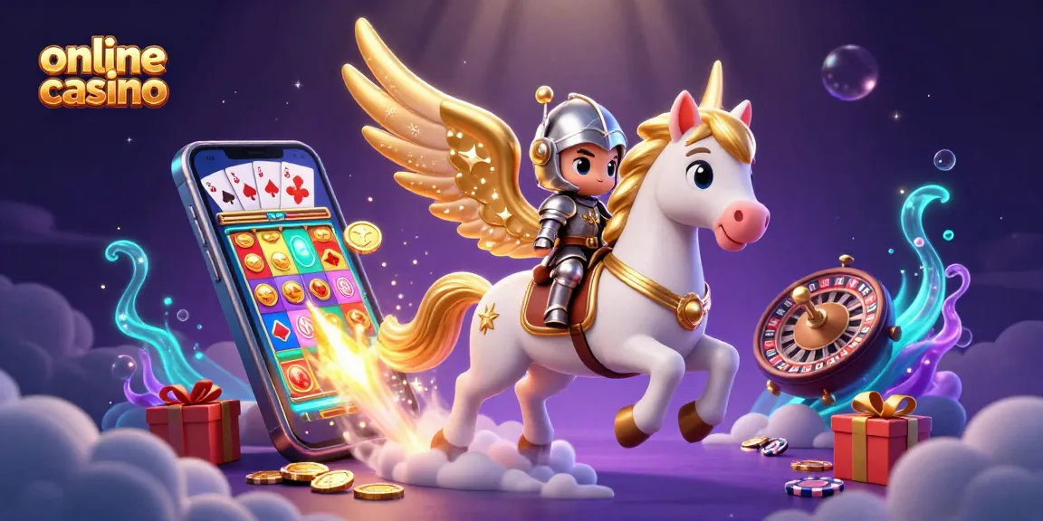 Experience the thrill of an online casino with vibrant visuals of slot games and rewards.