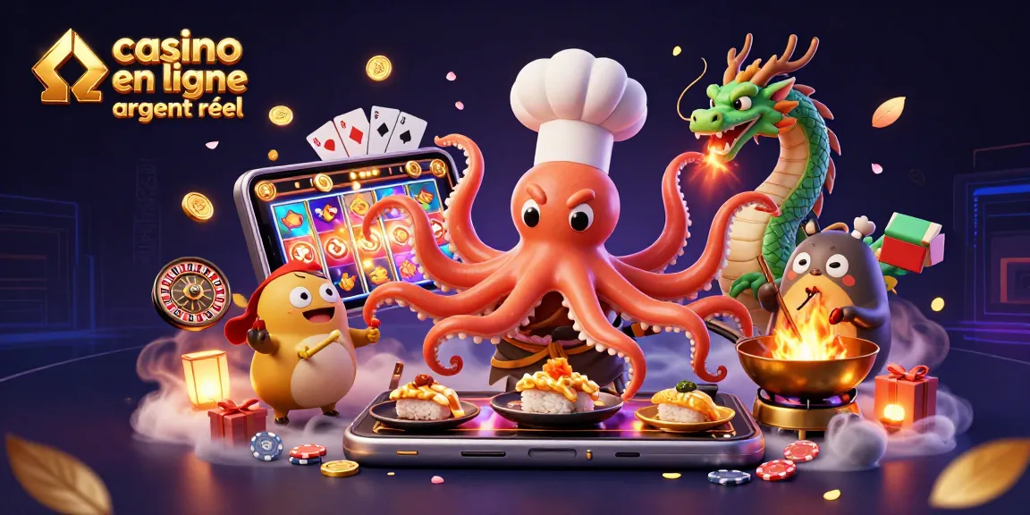 Plongez dans le monde du casino en ligne argent réel avec un poulpe cuisinier et un dragon.