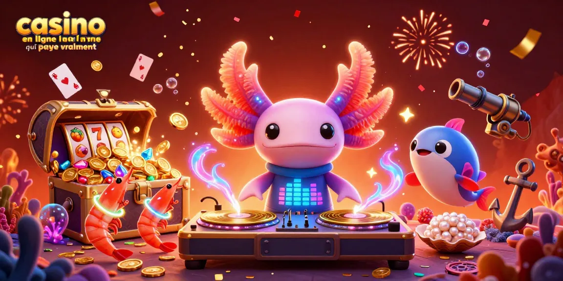 Illustration vibrante de casino en ligne qui paye vraiment avec un DJ axolotl et effets de jackpot