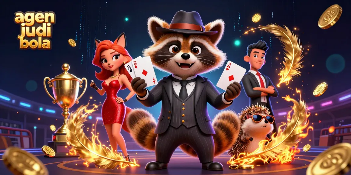 Experience agen judi bola with a suave raccoon and fox lady amidst a vibrant betting scene.
