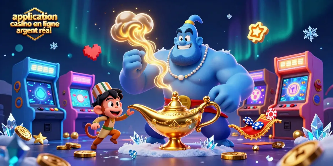 Lancez des paris avec l'application casino en ligne argent réel, illustrée par un génie bleu et des éléments de jeu captivants.
