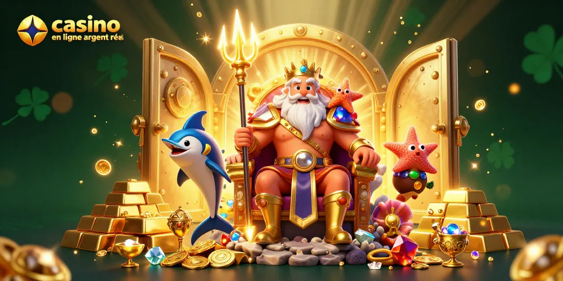 Découvrez une scène vibrante de "casino en ligne argent réel" avec Neptune et trésors scintillants.