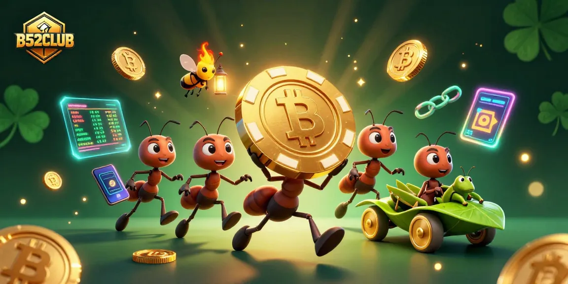 B52CLUB showcases ants on a jackpot heist with vibrant neon currencies in a dynamic casino scene.