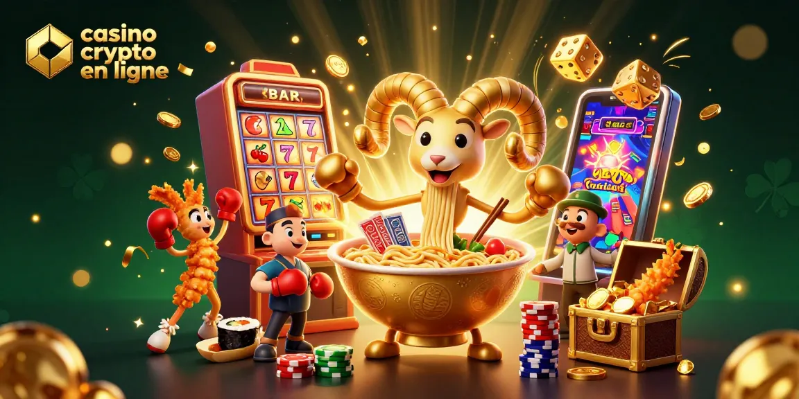 Illustration dynamique de casino crypto en ligne avec des personnages ludiques et des éléments de jeu captivants.