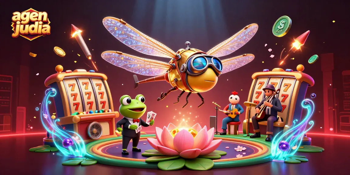 Engage with agen judi bola as a dragonfly pilot hovers over a lively lily pad casino scene.