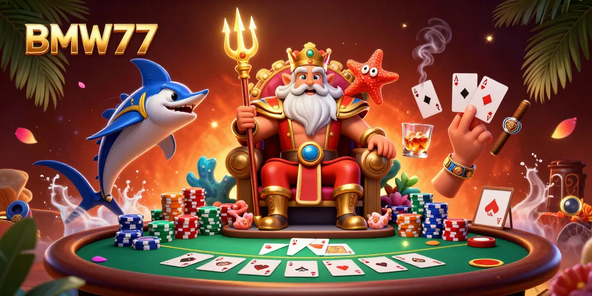 Experience thrilling poker action with BMW777 in this vibrant 3D casino scene featuring Neptune.