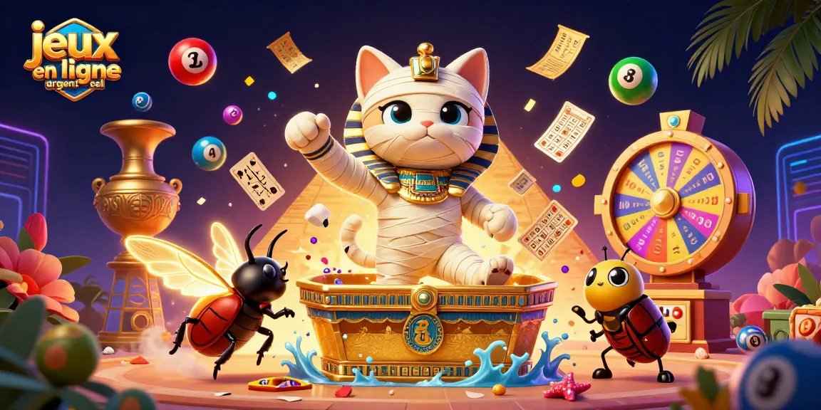 Les jeux casino en ligne argent réel prennent vie avec un chat momie égyptien et un scarabée dans un casino dynamique.