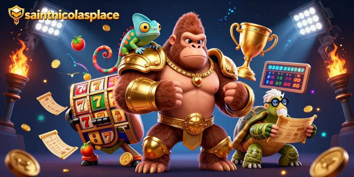 Experience exhilarating gaming at saintnicolasplace with playful characters in a vibrant casino scene.