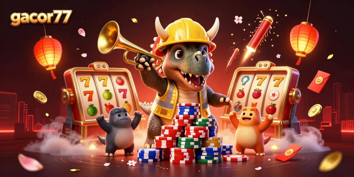 gacor77 merayakan kemenangan dengan dinosaur yang membangun chip poker dan simbol keberuntungan